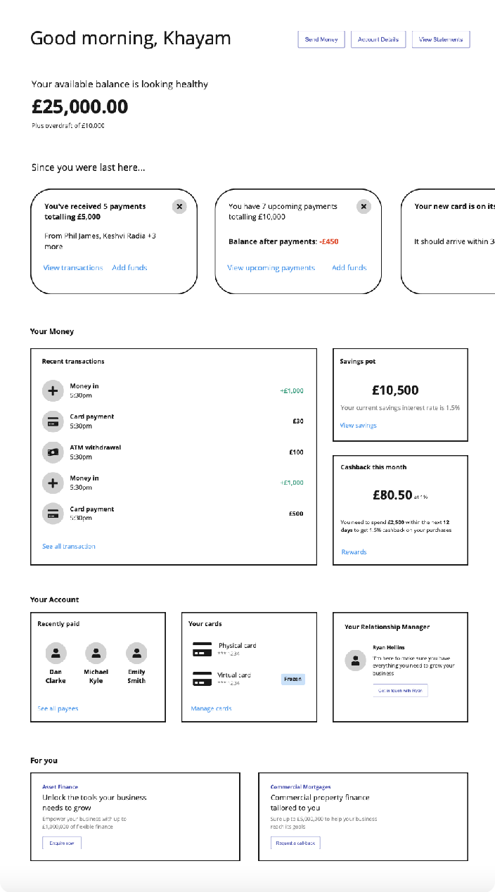 Concept 2: available balance, notification cards and money sections