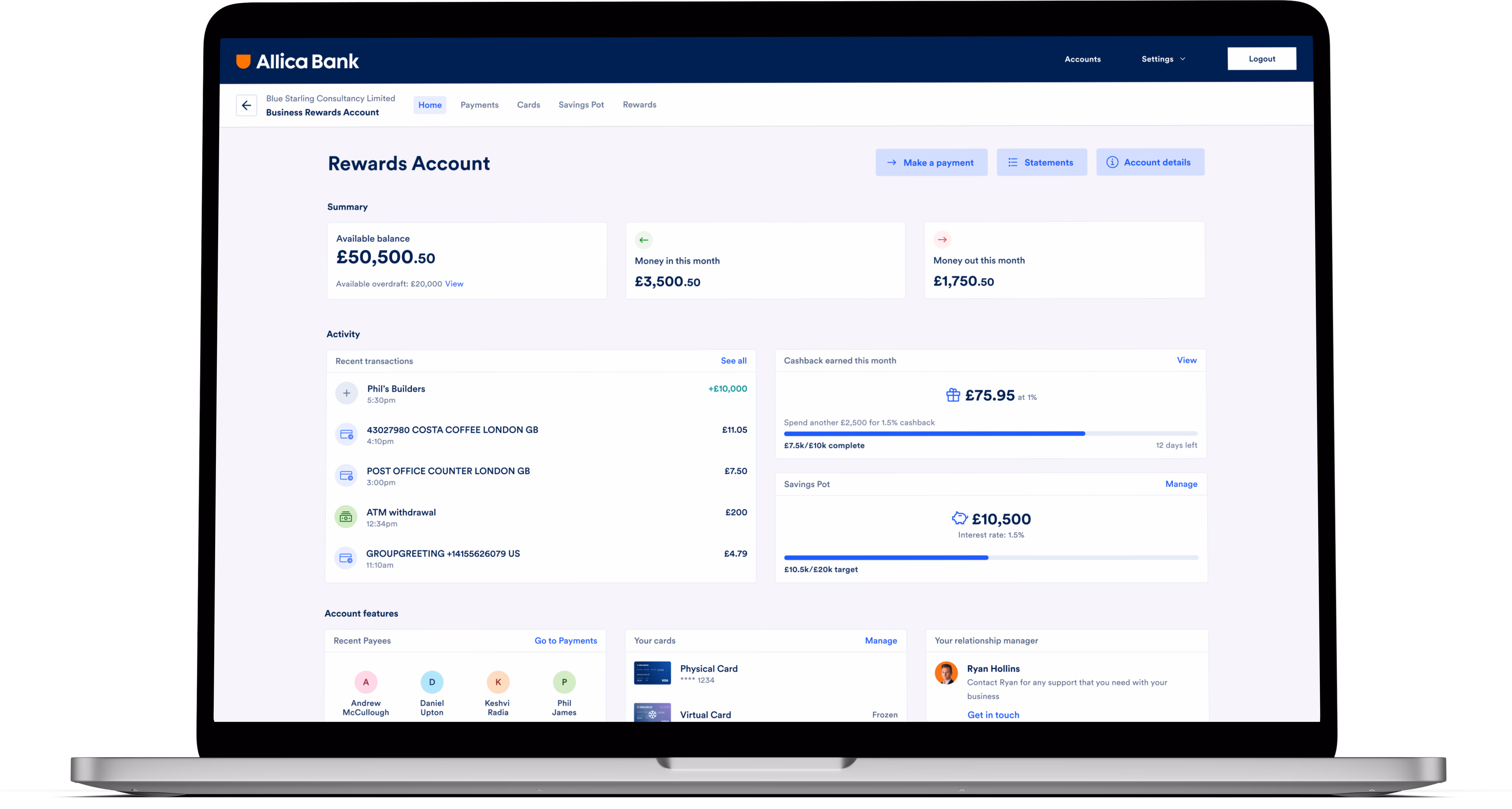 The final redesigned Allica Bank Business Rewards Account dashboard