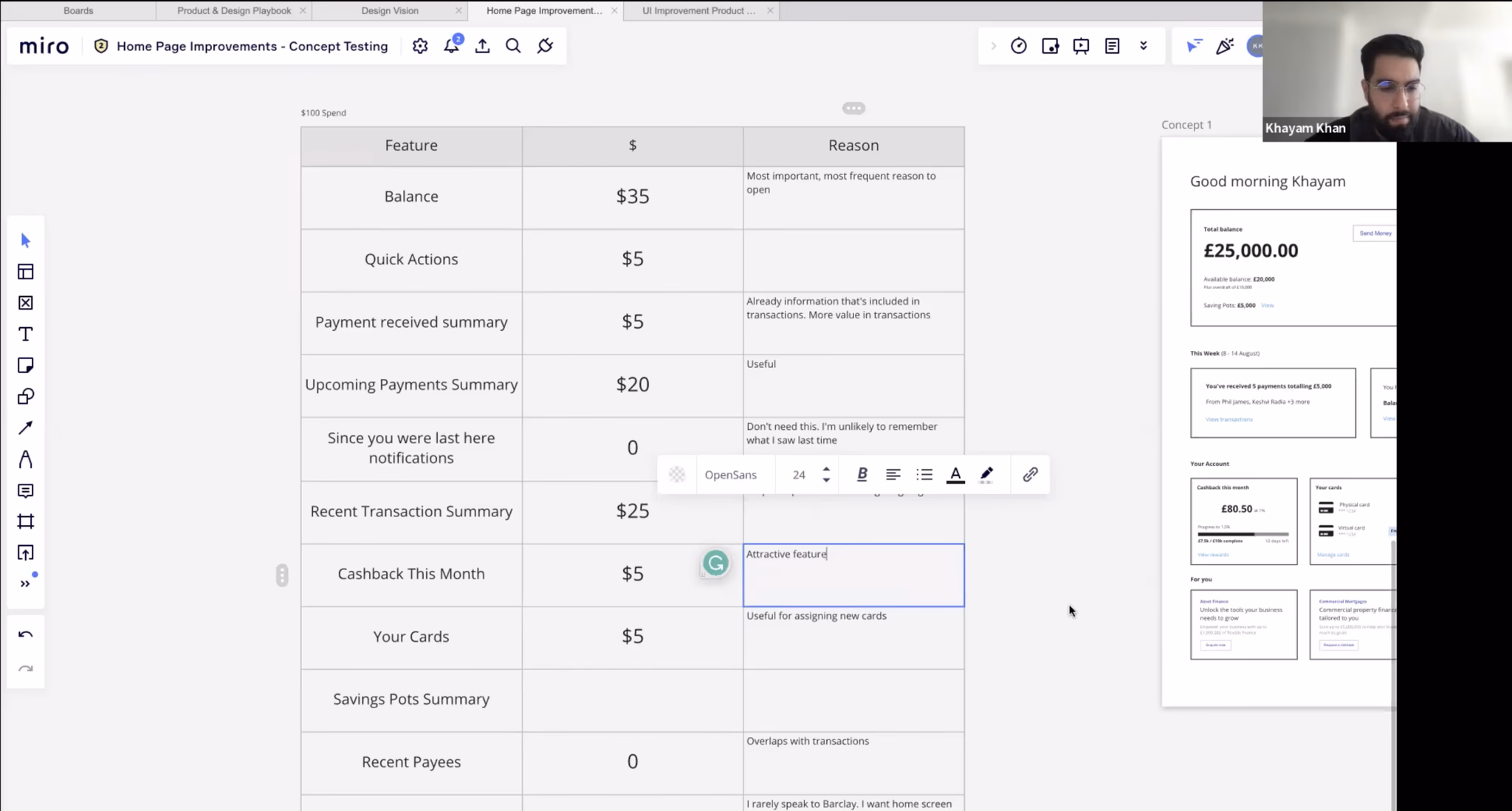 The $100 spend exercise table mapping features to allocated value and reasons