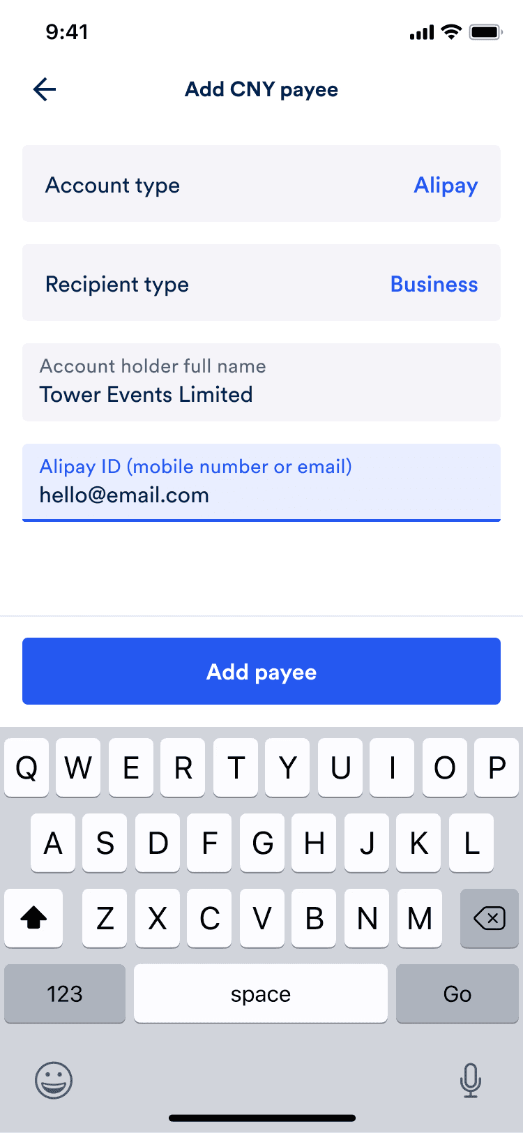 The completed add payee form for a CNY payment