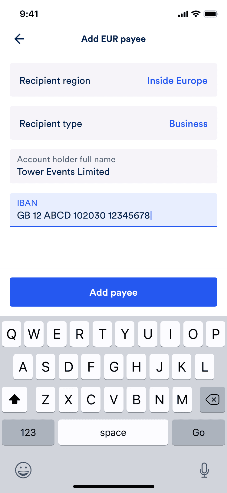 The completed add payee form for a EUR payment, with an IBAN added