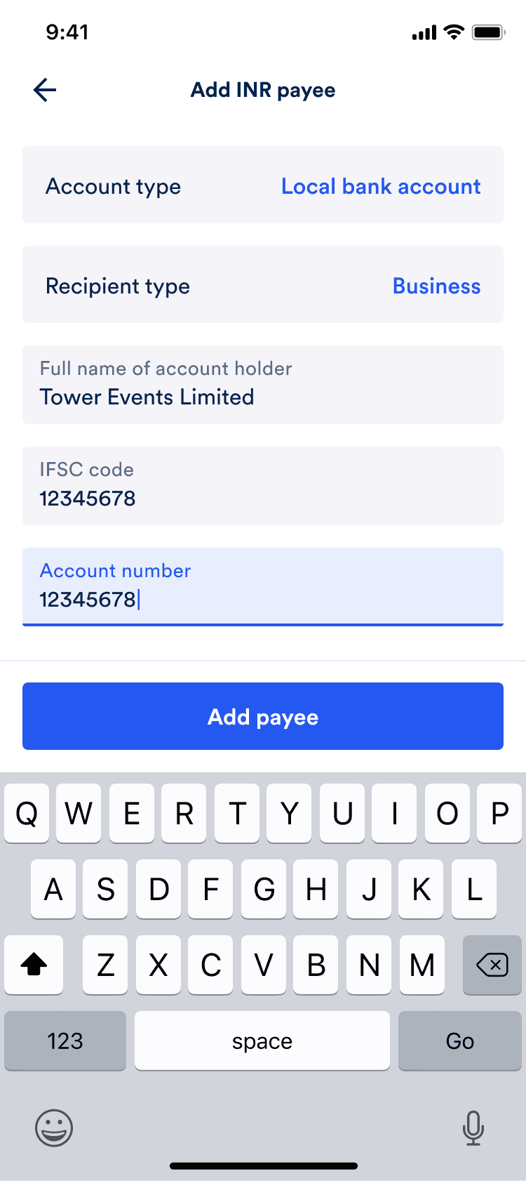 The completed add payee form for an INR payment