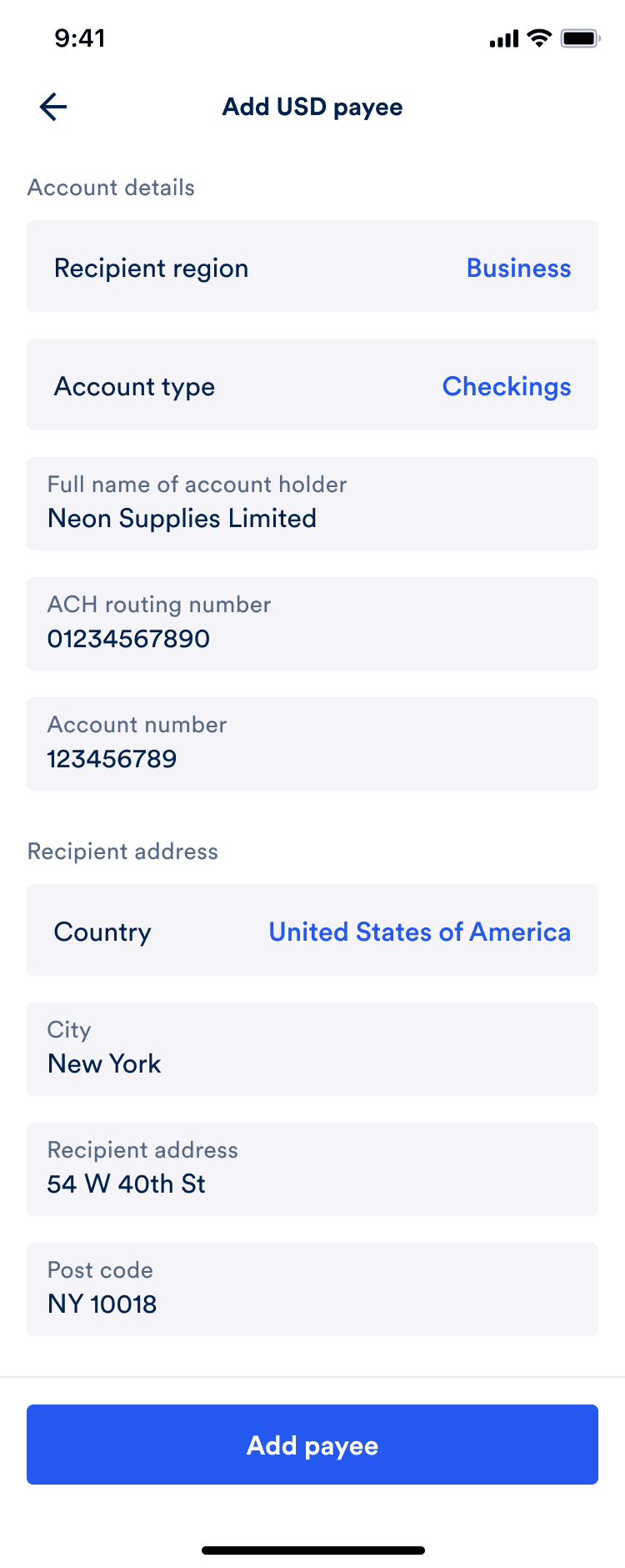 The completed add payee form for a USD payment