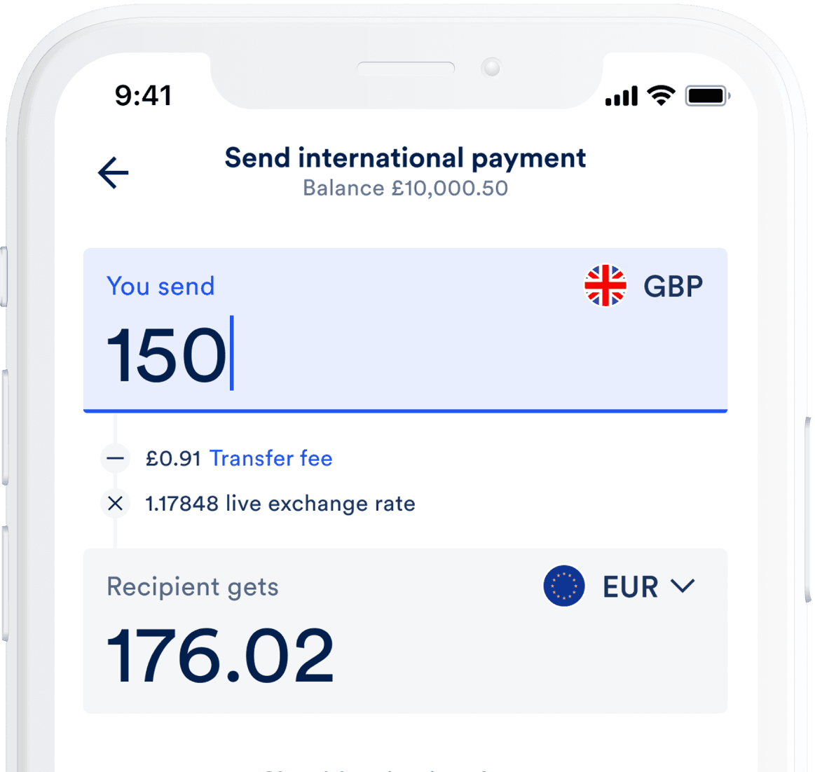 The send international payment screen on a phone, showing 150 GBP converting to 176.02 EUR with the transfer fee and live exchange rate