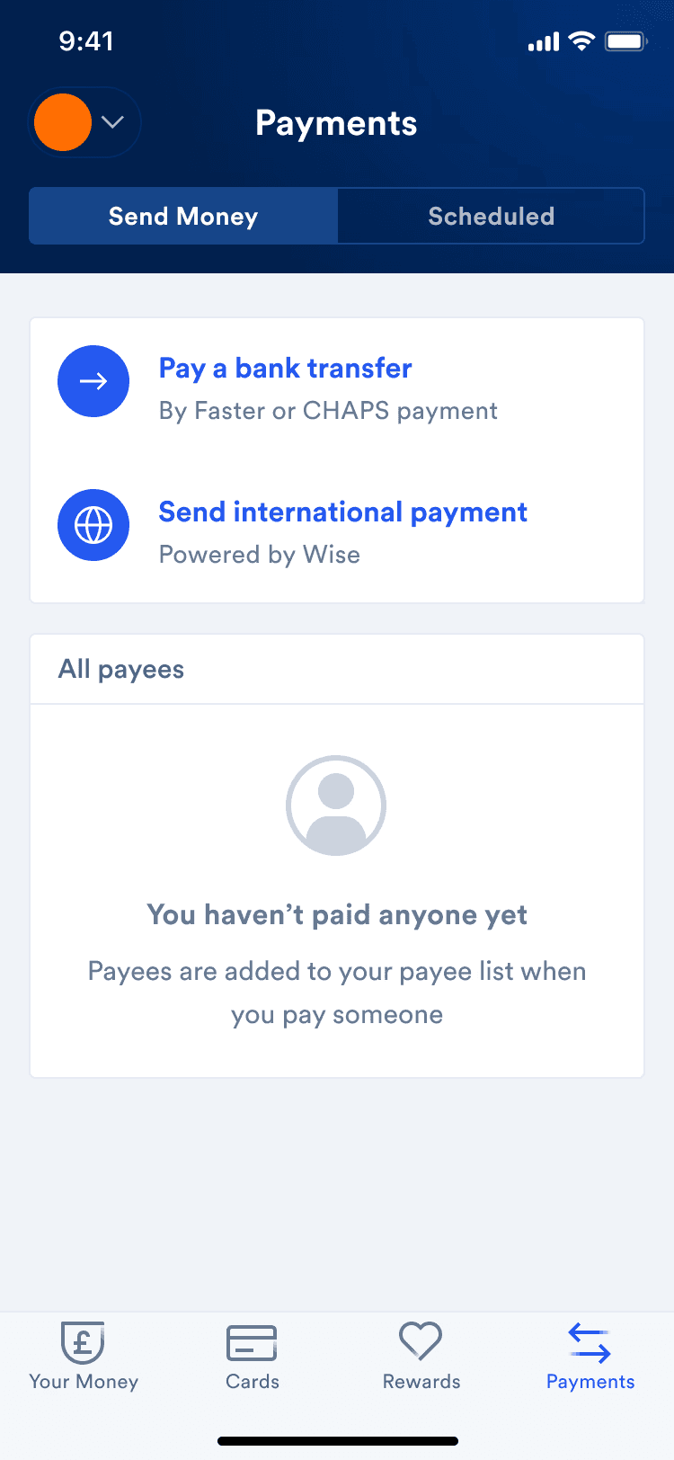 The payments screen with an empty payee list reading you haven't paid anyone yet
