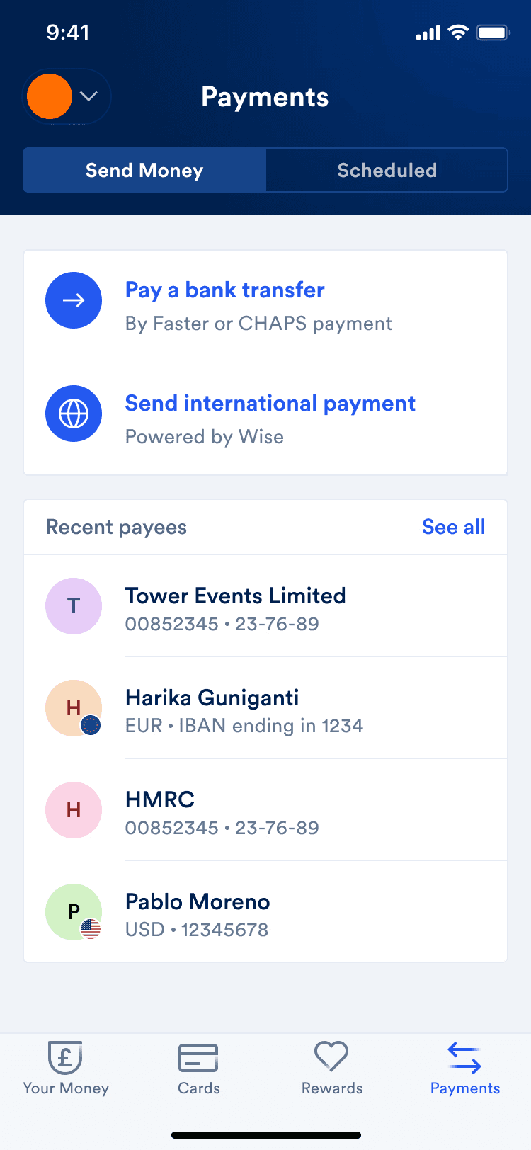 The payments screen with a populated list of recent payees, showing both domestic and international payees