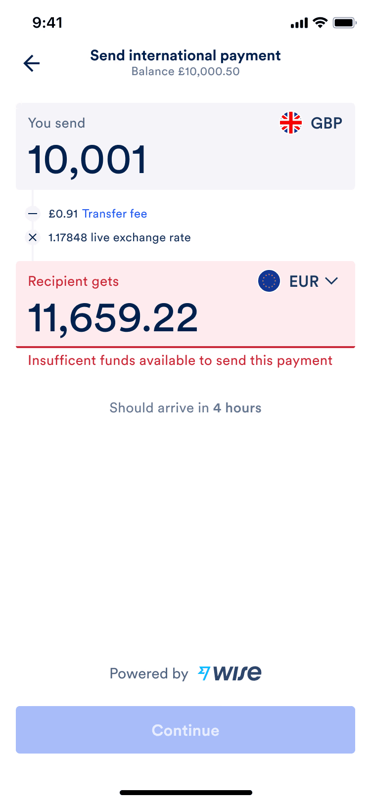 The quote screen with the amount shown in red as an error, with the keyboard closed