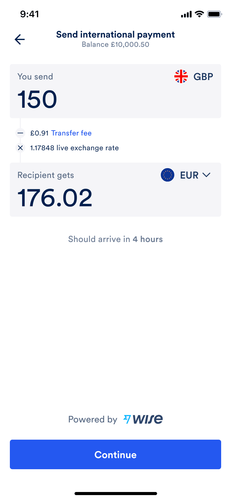 The quote screen with a complete quote and an active continue button