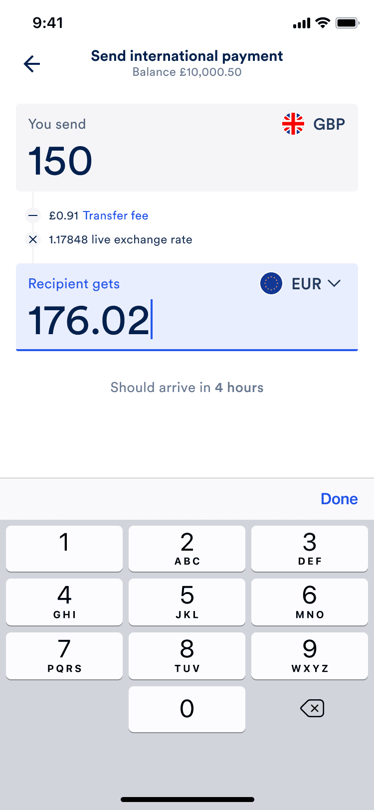 The quote screen with the amount being entered on the recipient gets side