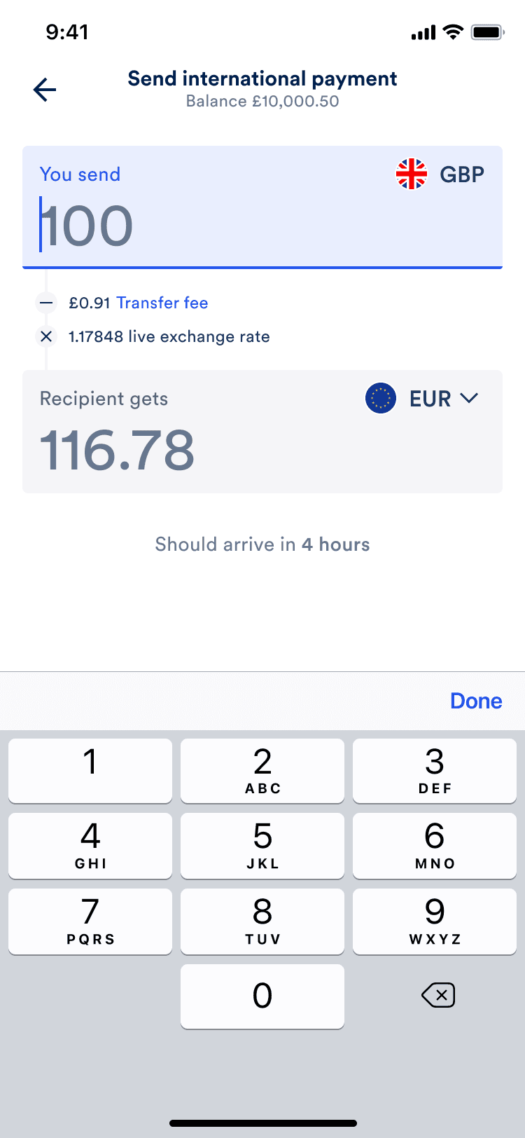 The quote screen with the amount being entered on the you send side