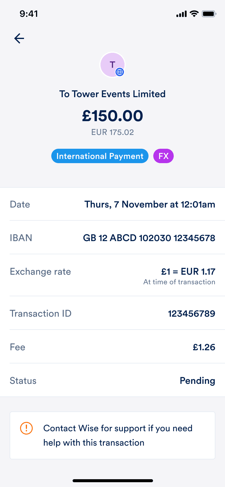 Transaction details for a pending EUR payment sent inside Europe