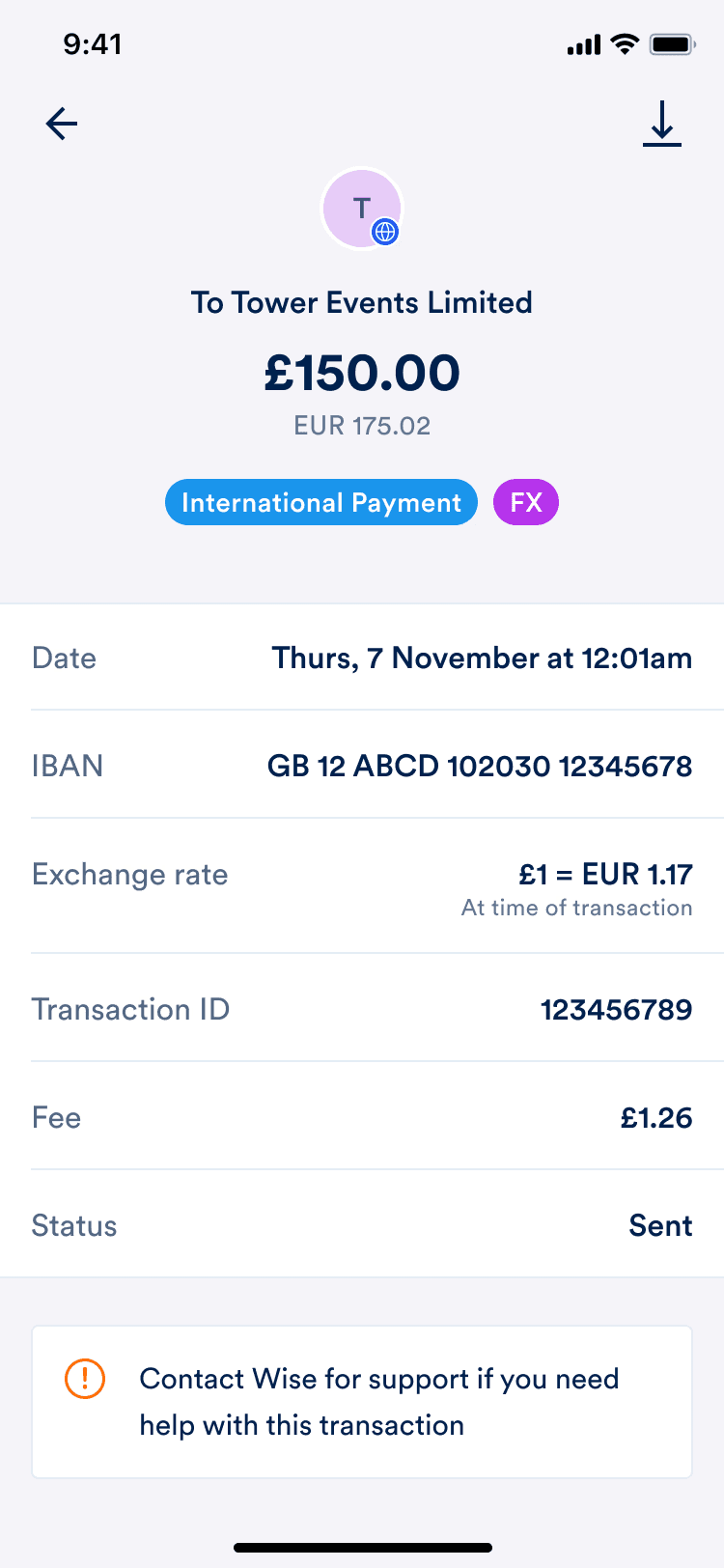 Transaction details for a completed EUR payment sent inside Europe
