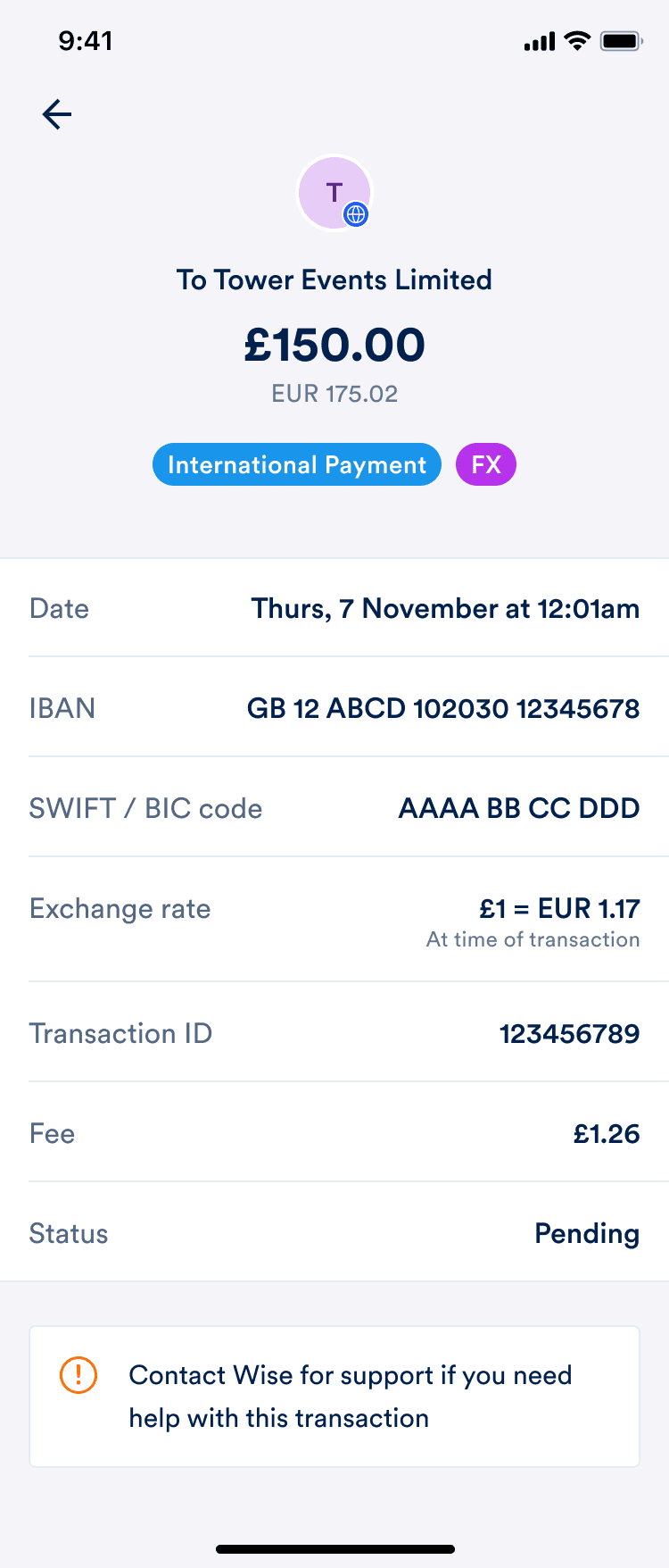 Transaction details for a pending EUR payment sent outside Europe