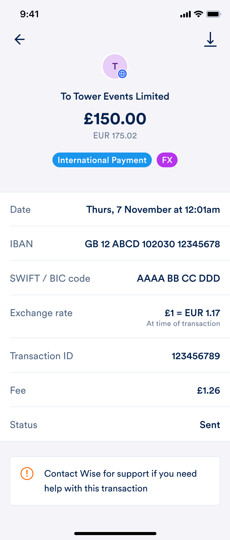 Transaction details for a completed EUR payment sent outside Europe