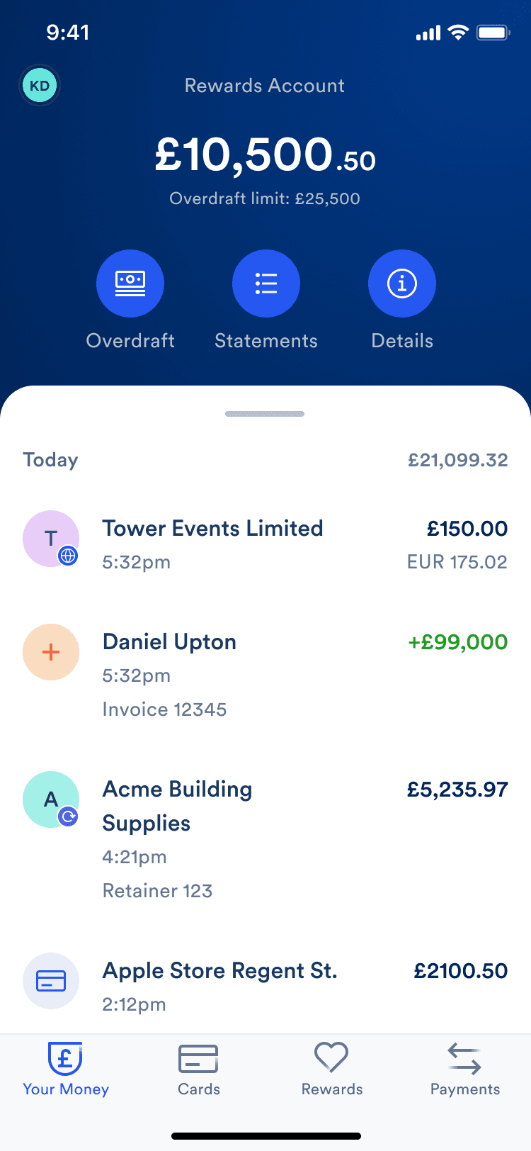 The my money screen showing account balances and recent transactions