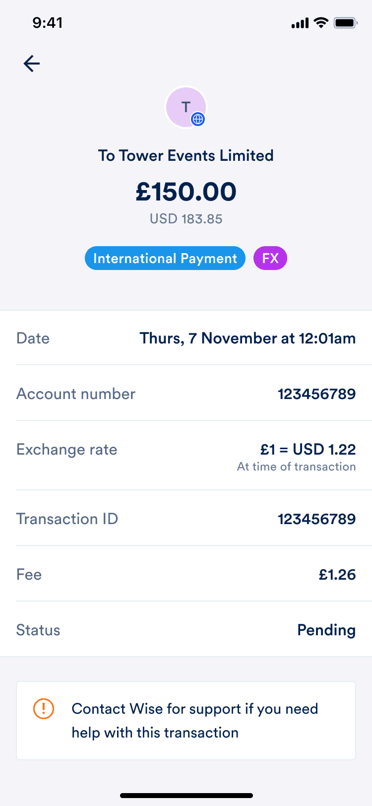 Transaction details for a pending USD payment