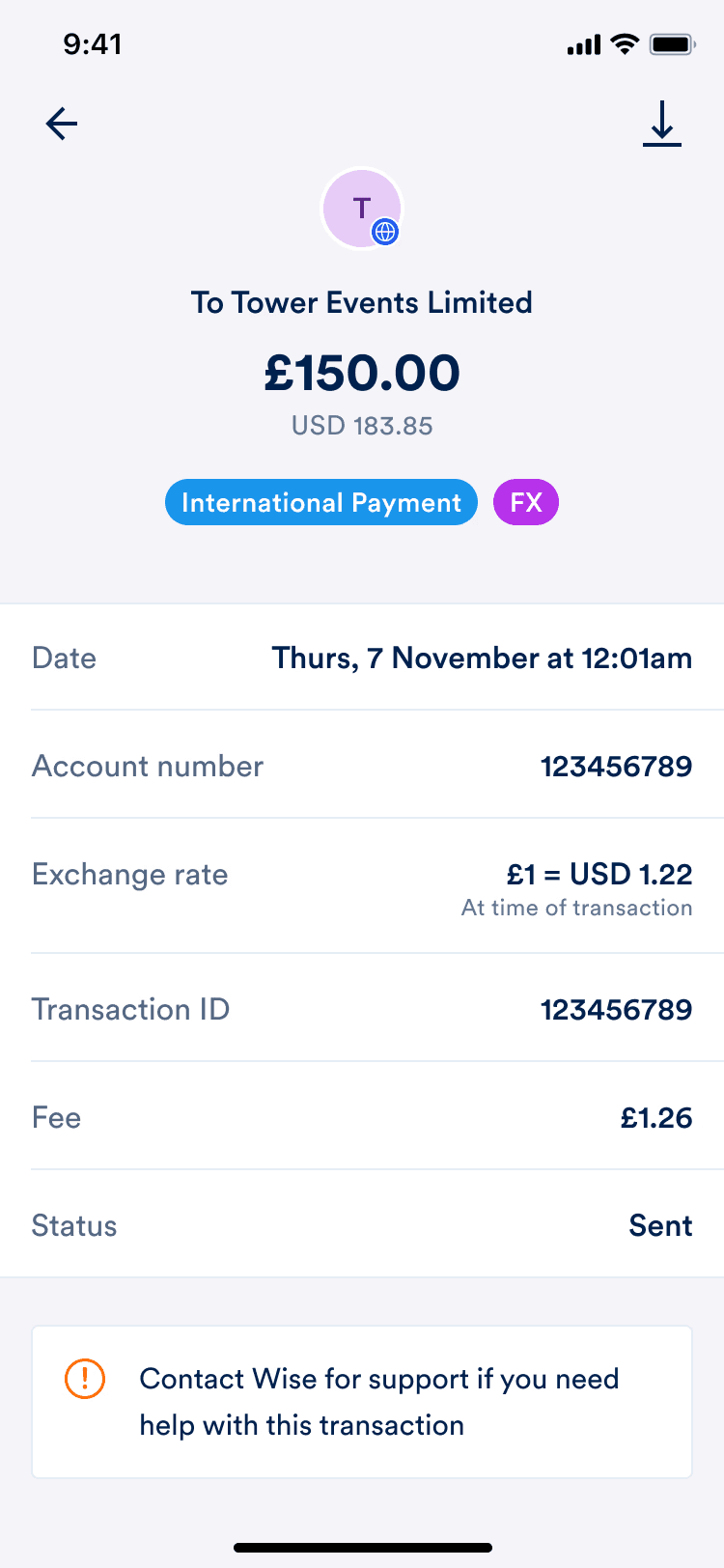 Transaction details for a completed USD payment