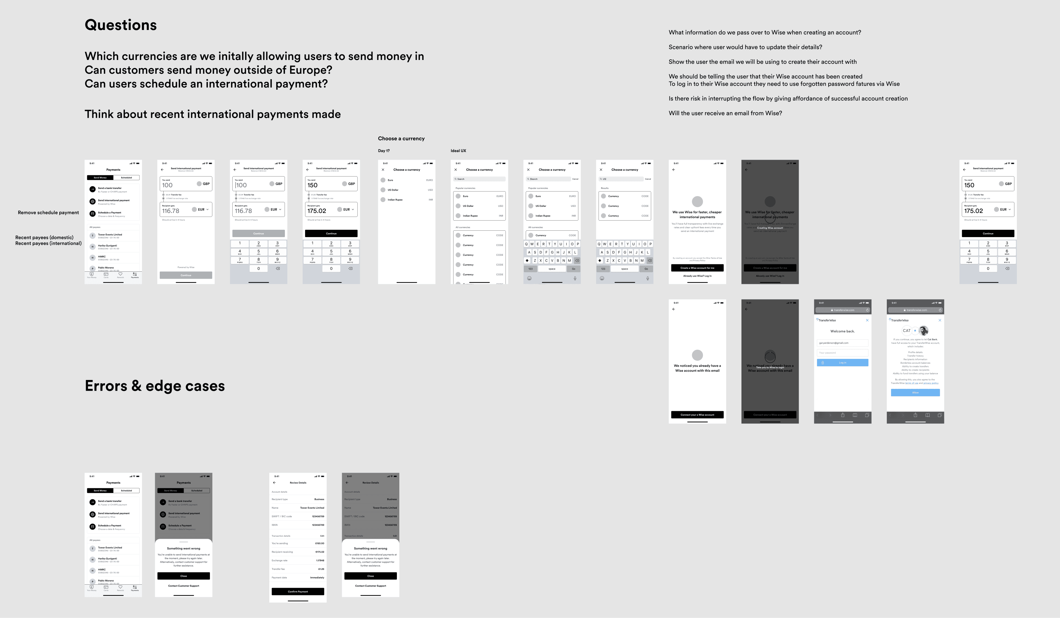 A lo-fi wireframe canvas for the new user flow, with open questions listed above it, the Wise account creation screens in the middle and an errors and edge cases section below