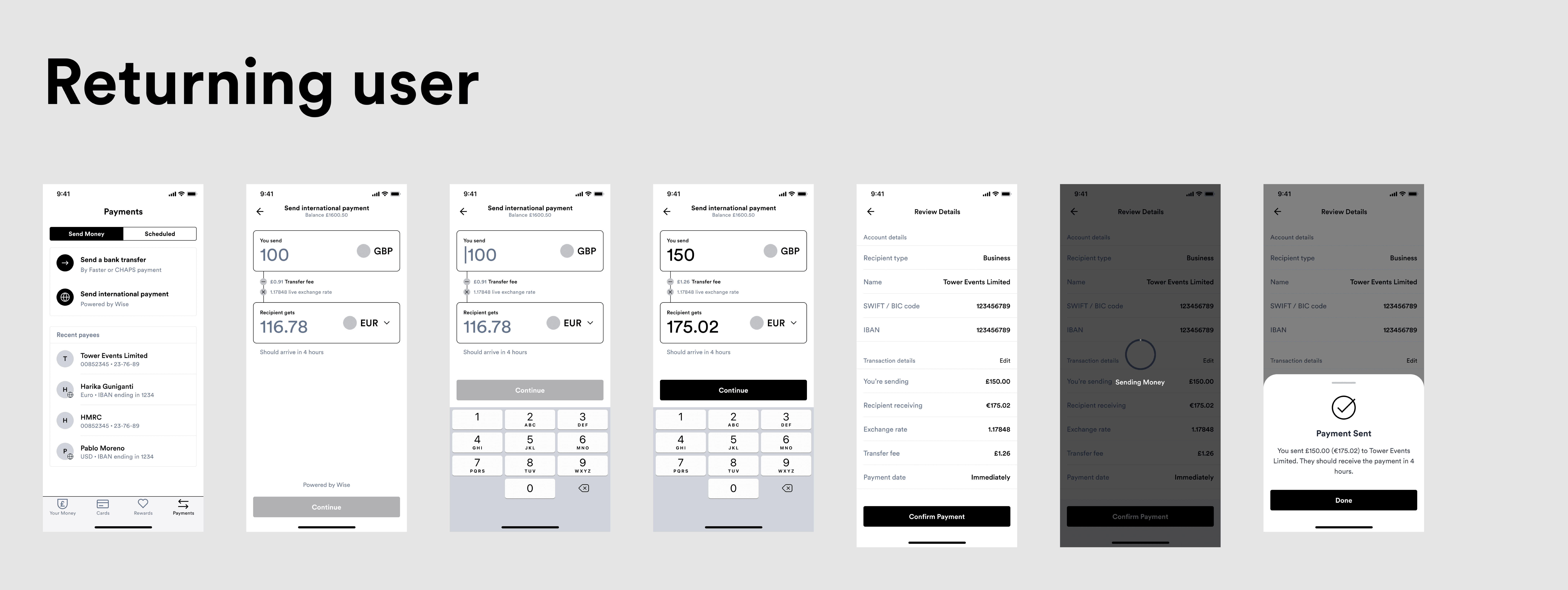 A lo-fi wireframe strip of the returning user flow, from the payments screen through the quote and review details to payment sent