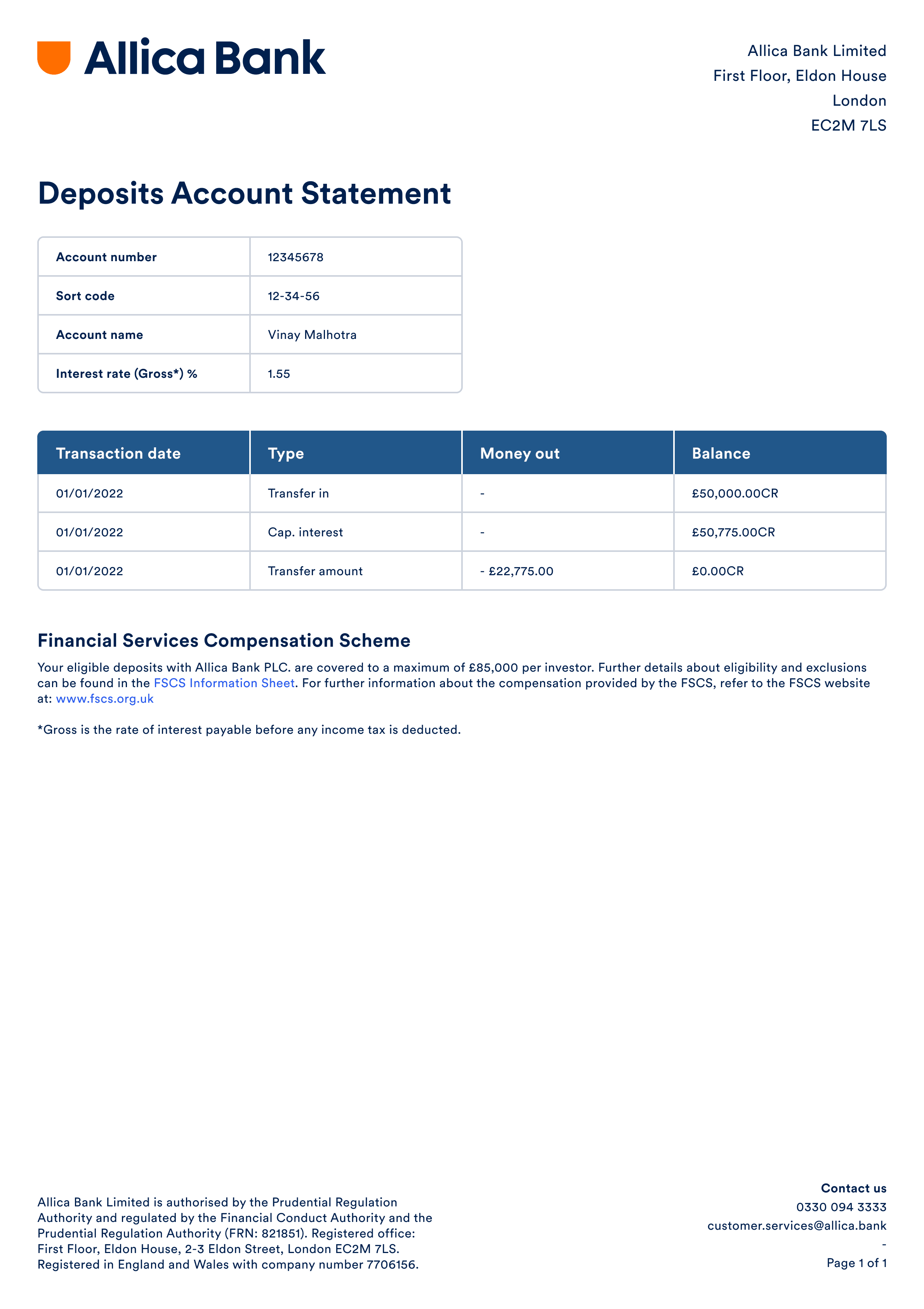 An Allica deposit account statement
