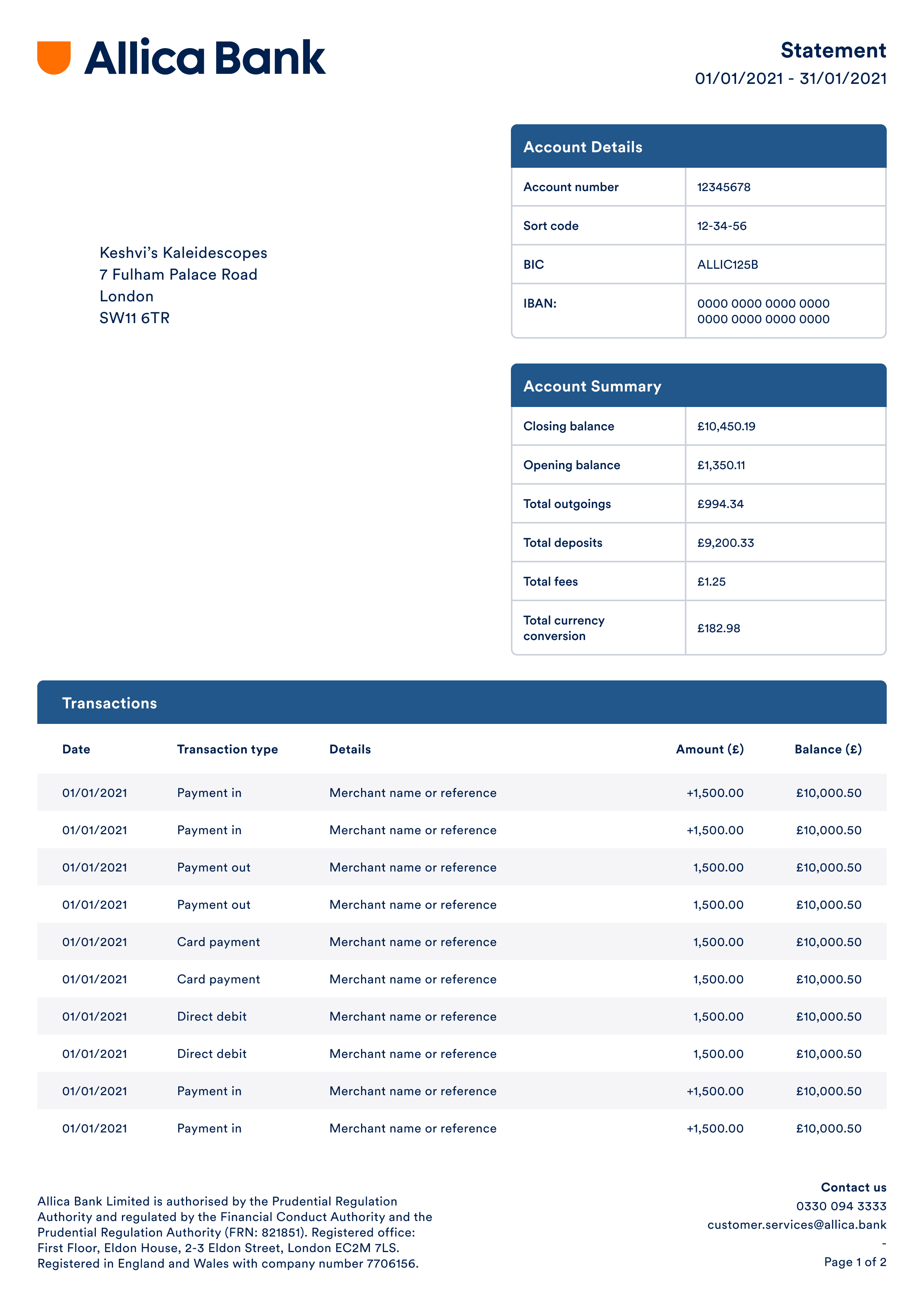 The first page of an Allica bank statement, with account details and the opening entries