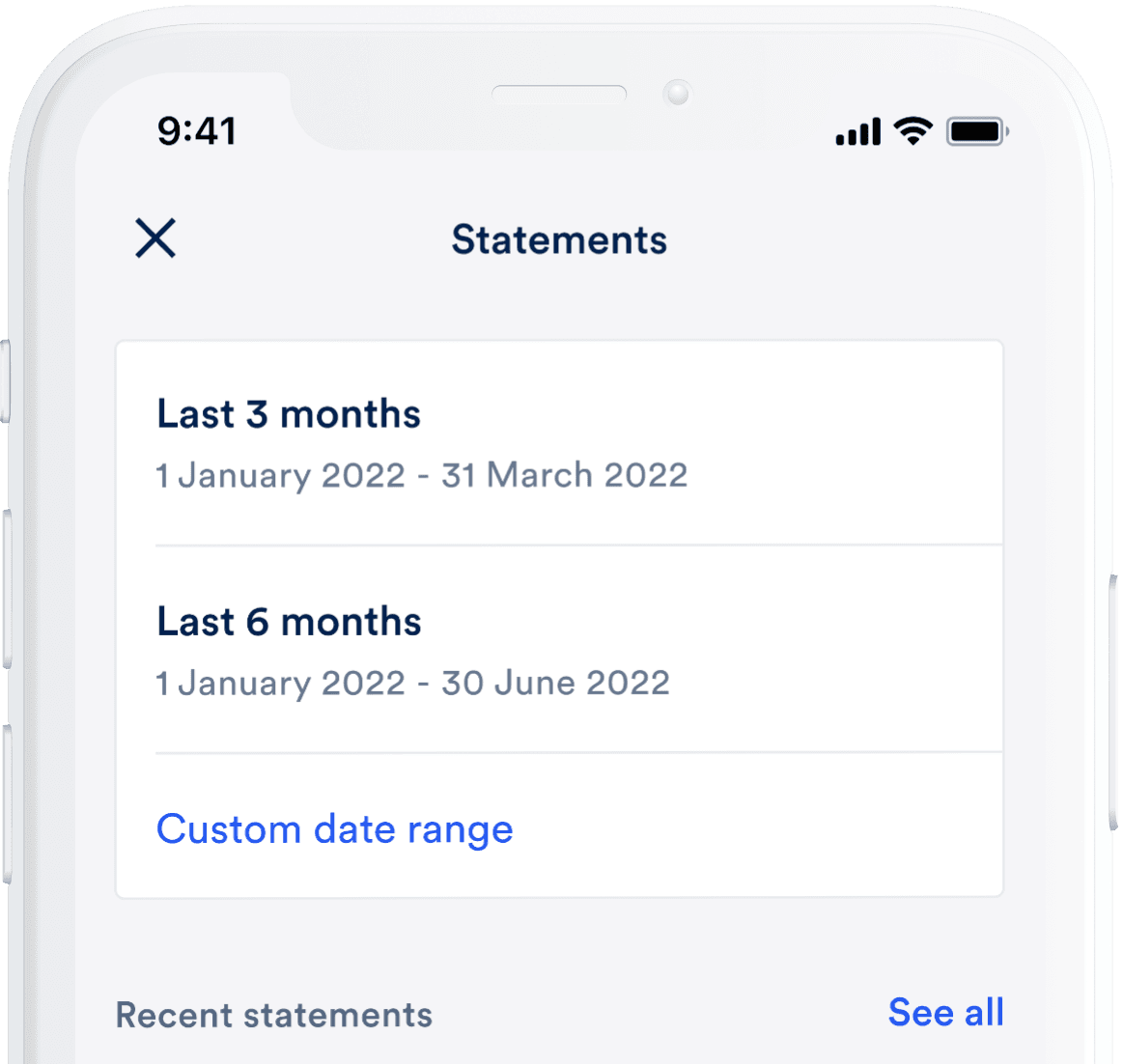The statements screen on a phone, listing the months available to export
