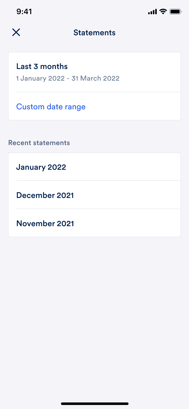 The statements screen with three months available