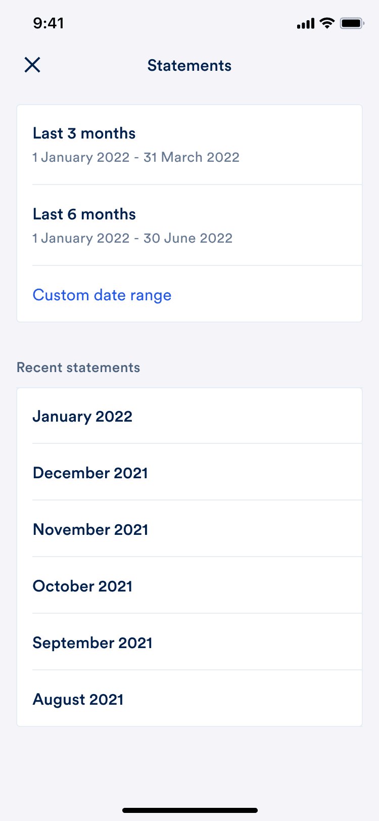 The statements screen with six months available