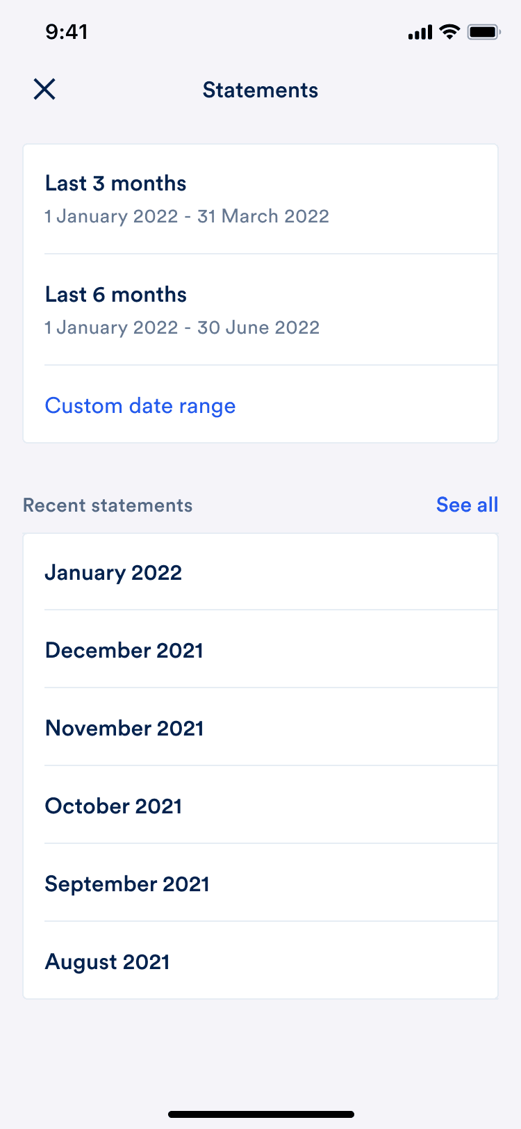 The statements screen with more than six months available