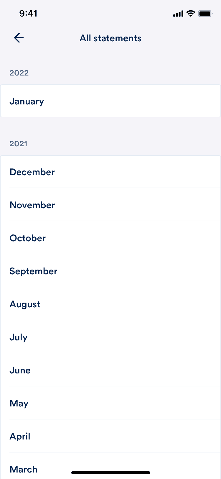 The all statements screen showing the full history