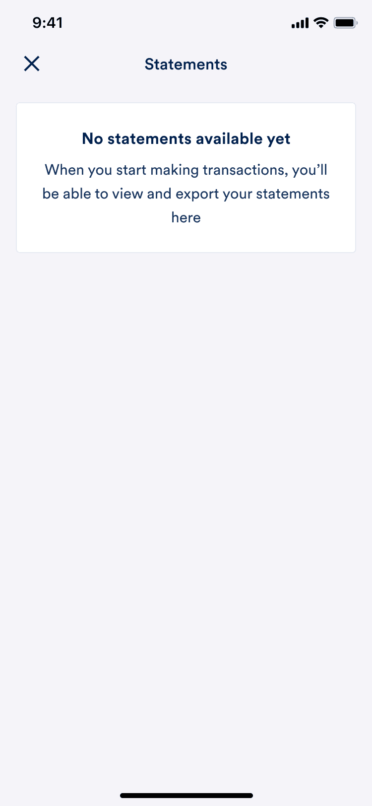 The statements screen with no statements available yet