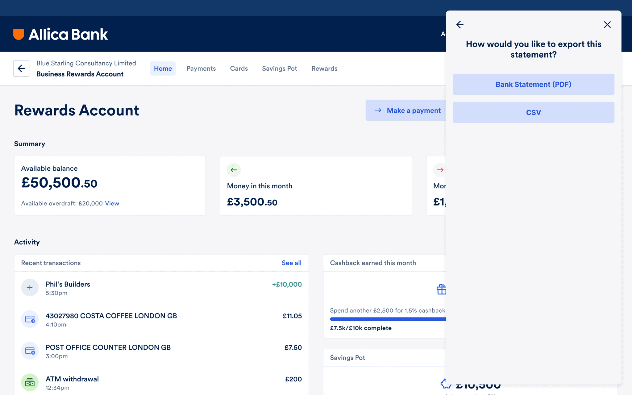 The export type modal, offering PDF or CSV