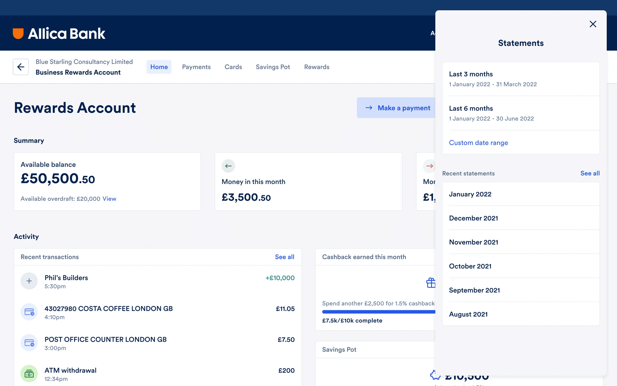 The statements drawer open on the web app, listing available statements