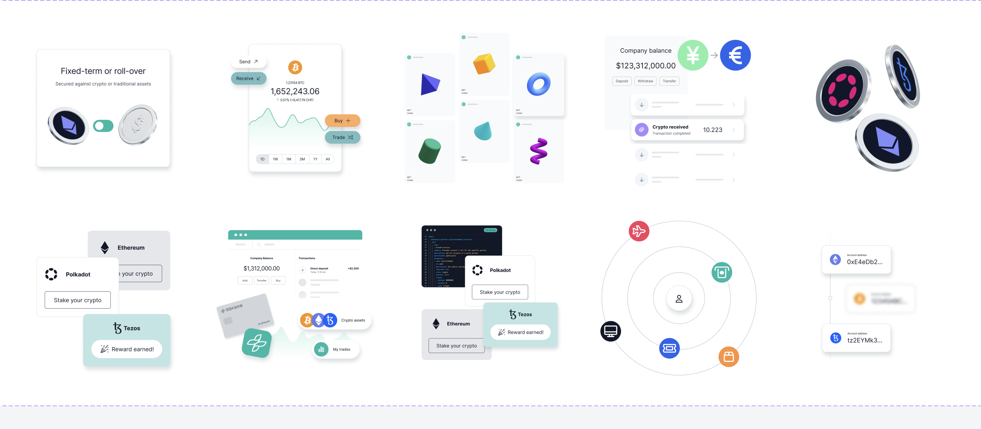 The artwork and marketing illustration set, with 3D shapes, crypto token marks and balance, staking and rewards cards