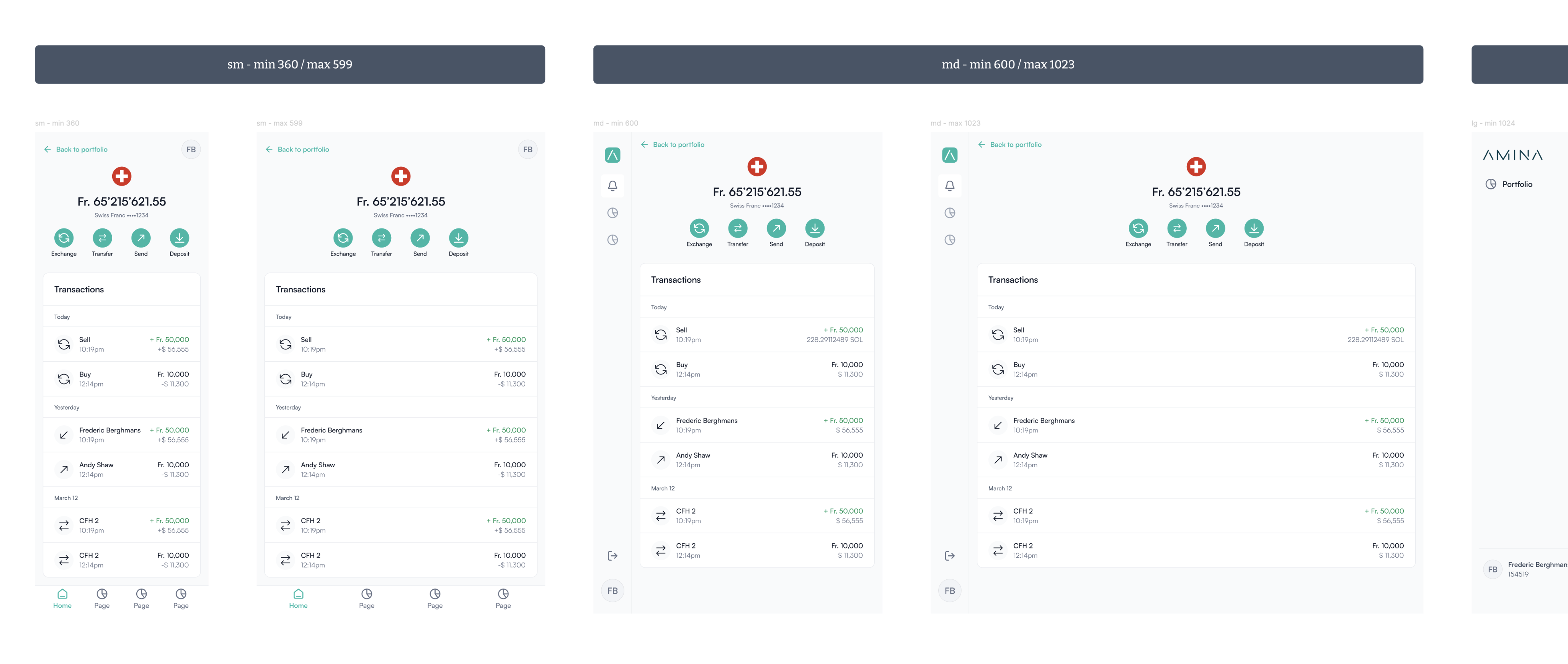 Breakpoint documentation showing the same account screen rendered at small, medium and large widths