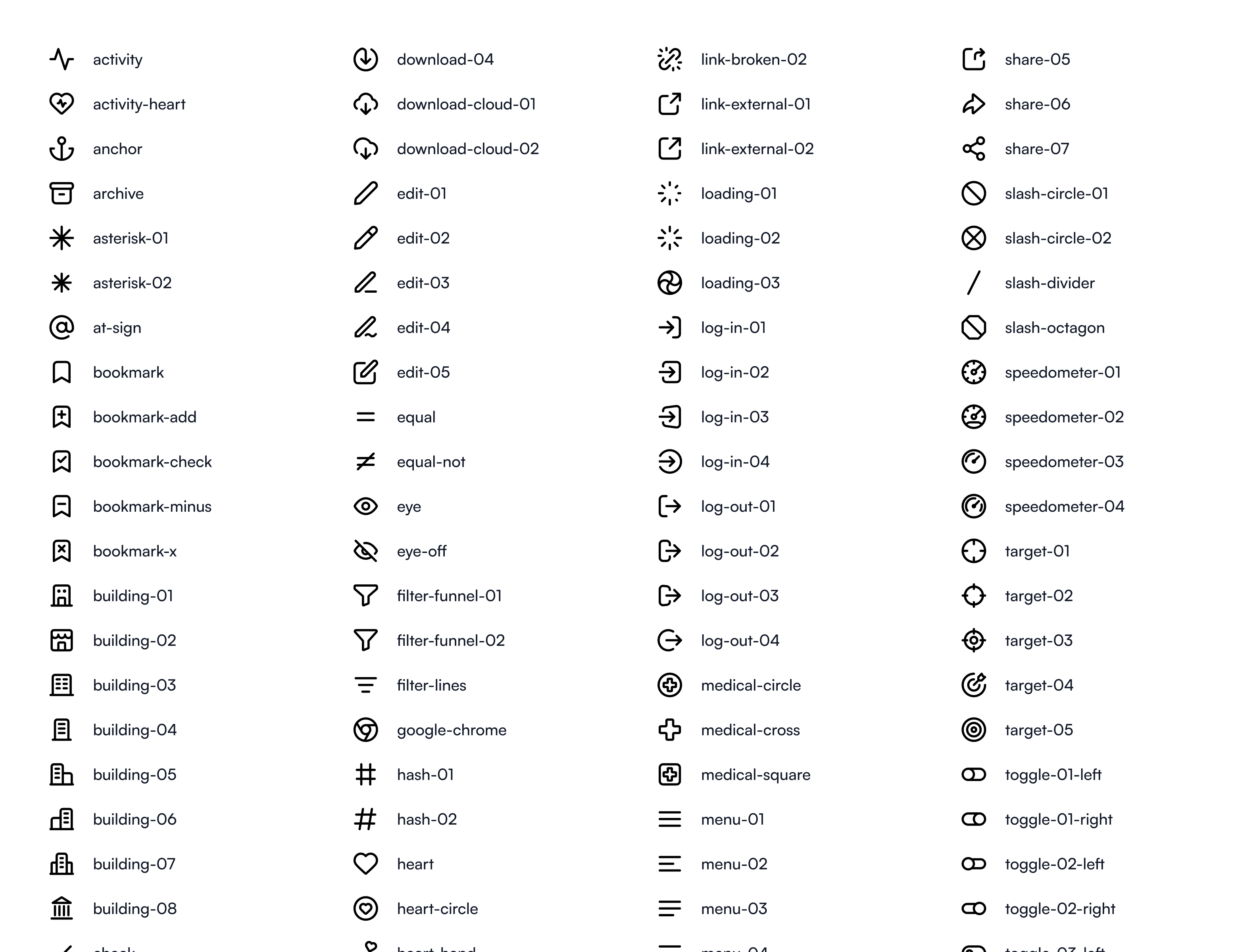 The icon library, a multi-column grid of named line icons