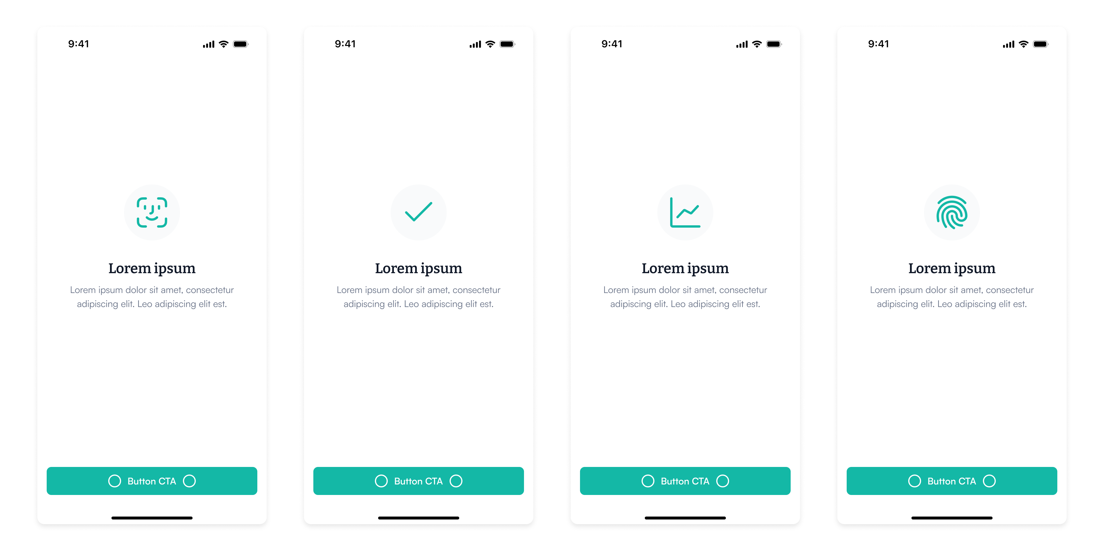 Feature screen templates with a centred icon, heading, body copy and a bottom anchored primary action