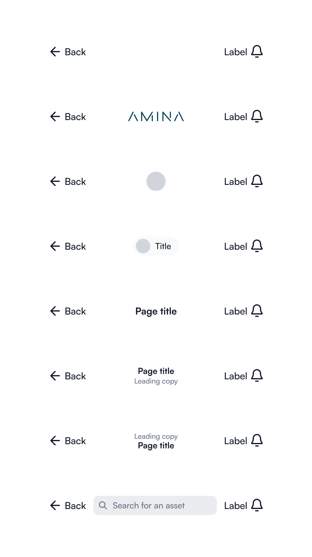 Navigation bar variants, each with a back action, a title treatment and a trailing label and bell icon