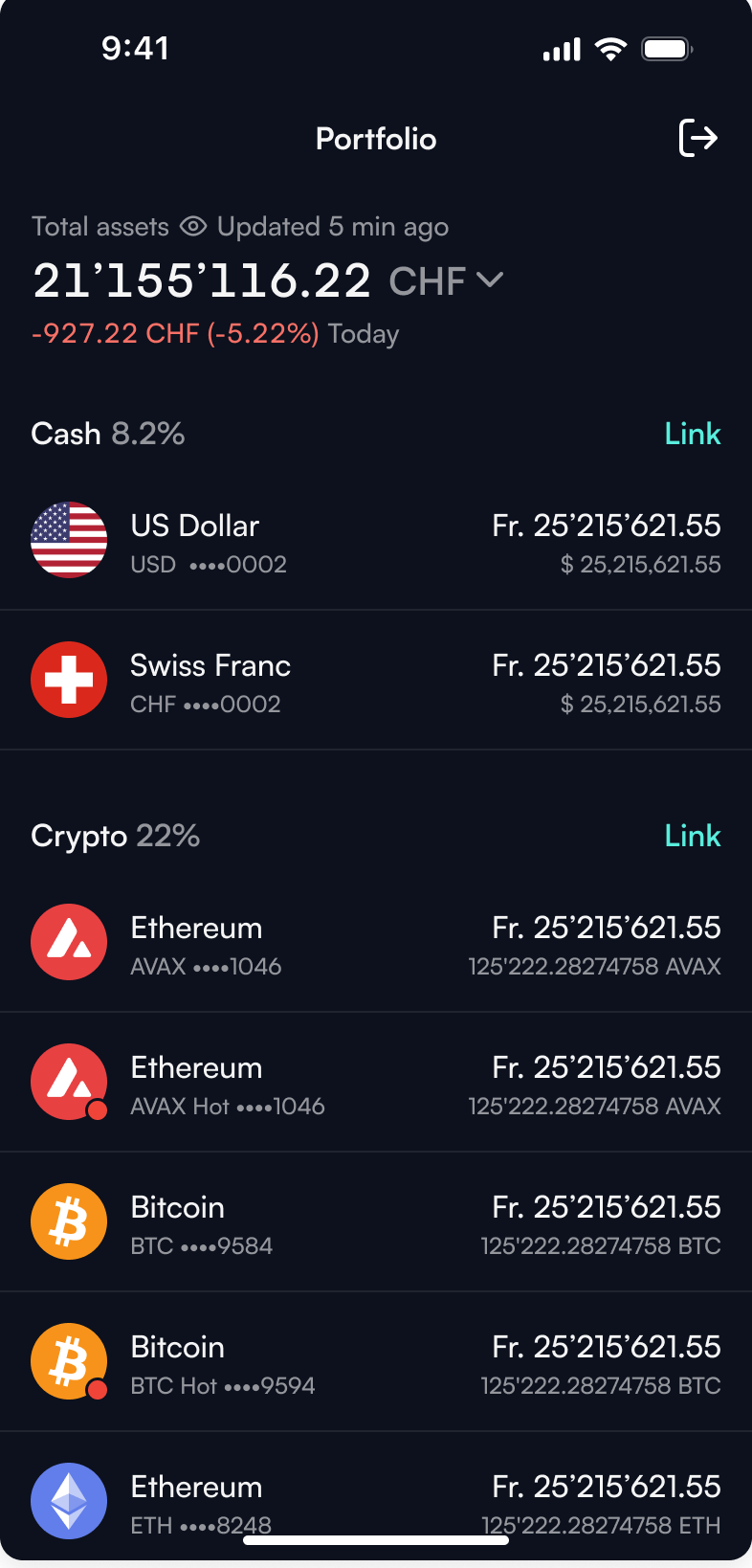 The same portfolio screen in dark mode, with identical structure and content