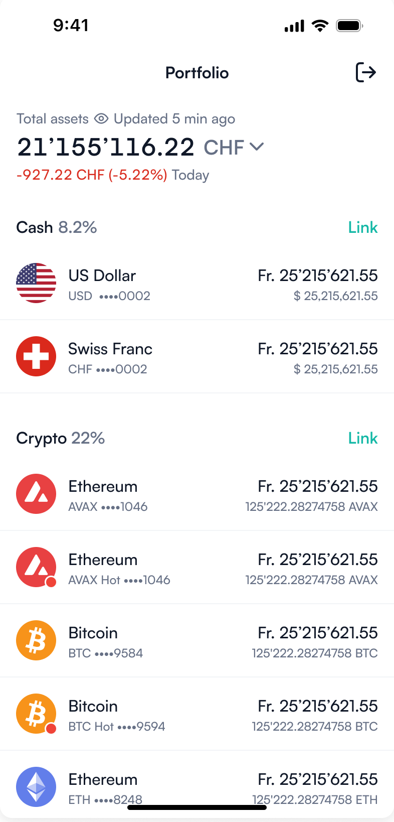 The portfolio screen in light mode, showing total assets in Swiss francs with cash and crypto holdings grouped by allocation