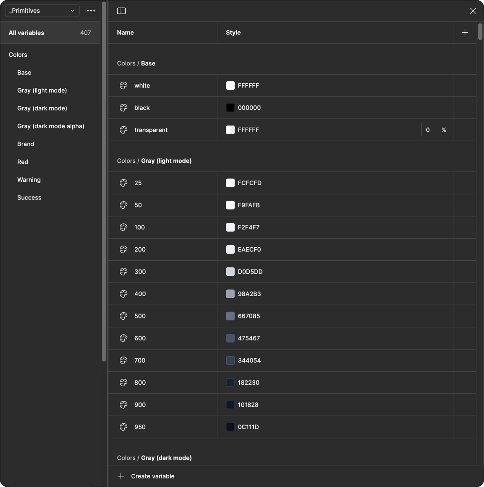 The primitives collection in Figma, listing raw colour values grouped into base, grey light mode, grey dark mode, brand and status ramps