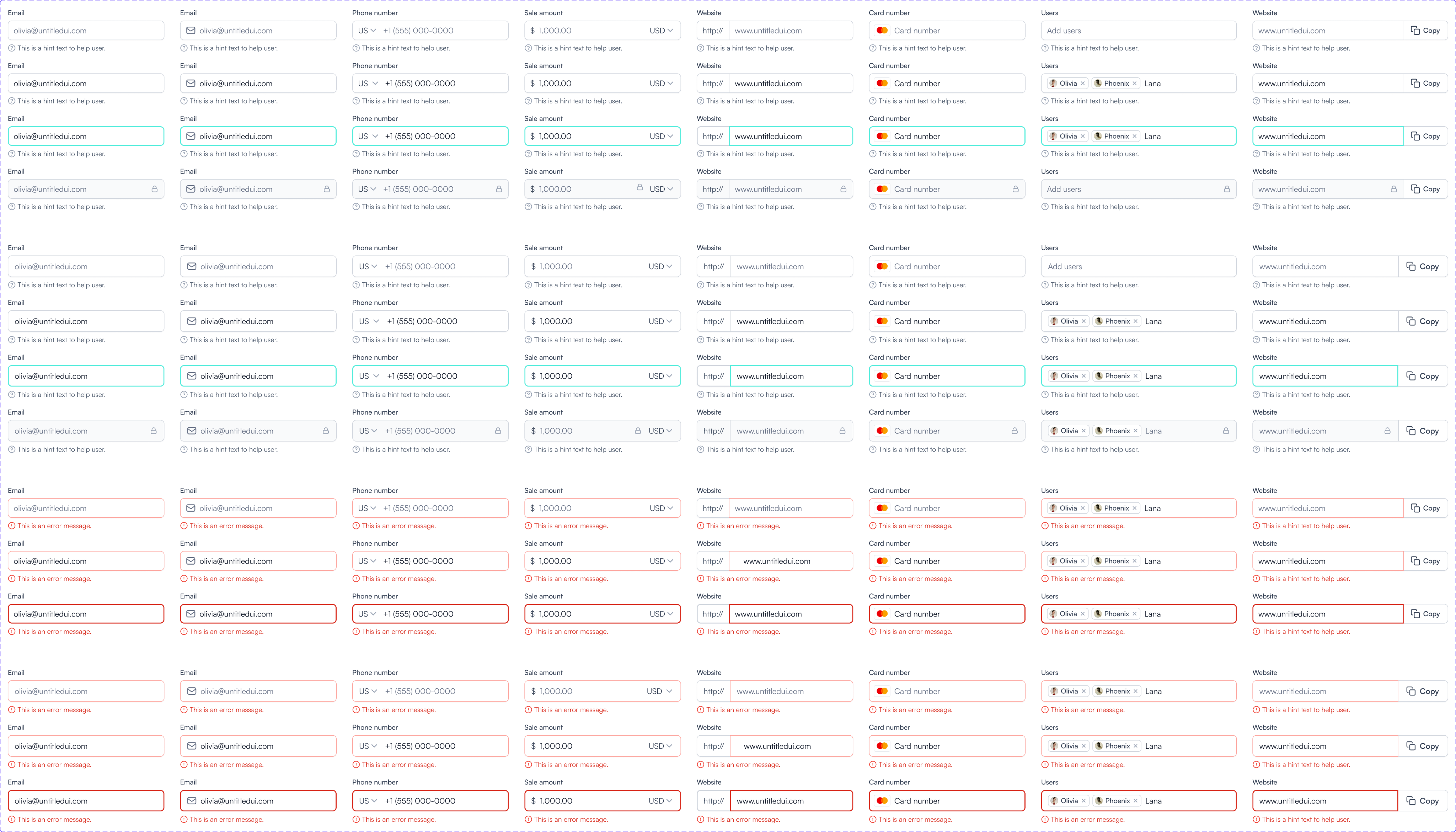 The web input matrix, covering email, phone number with country selector, amount with currency selector and website fields, in rest, hover, focus, filled, disabled and error states