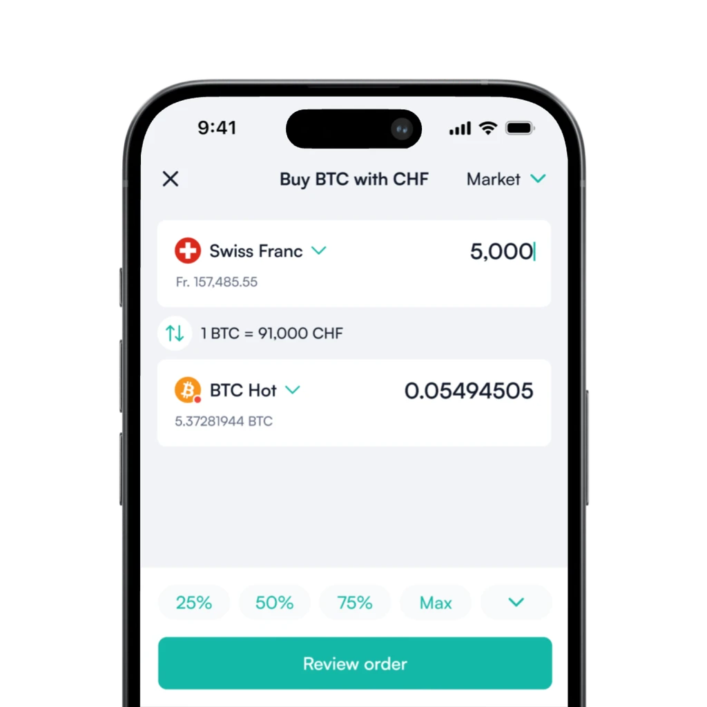 Buying BTC with CHF in a single flow