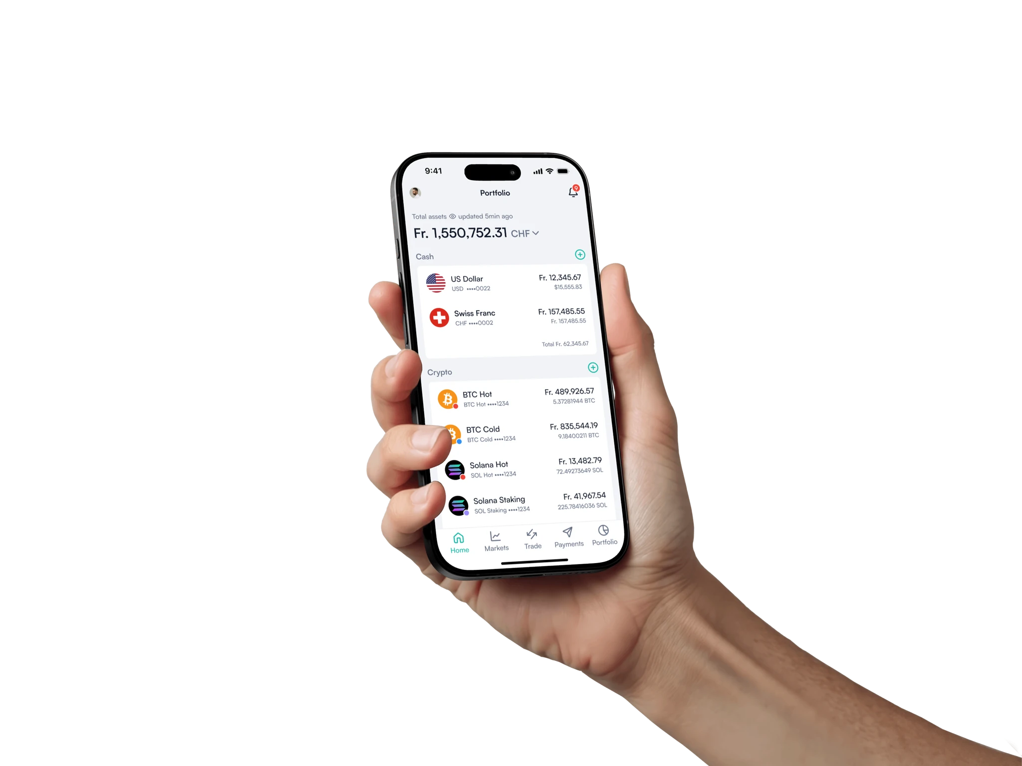 The portfolio screen showing cash and crypto holdings together