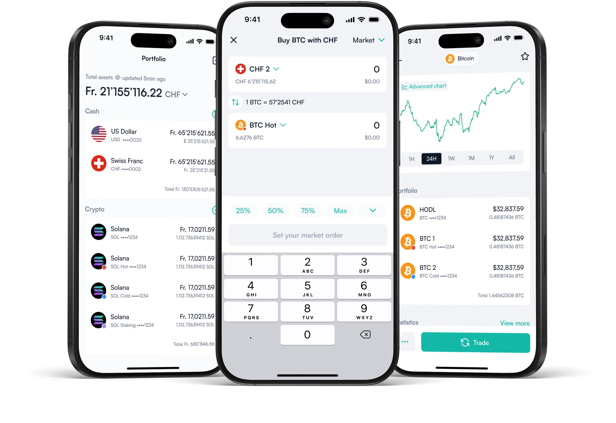 Portfolio, trade and asset detail screens from the redesigned app