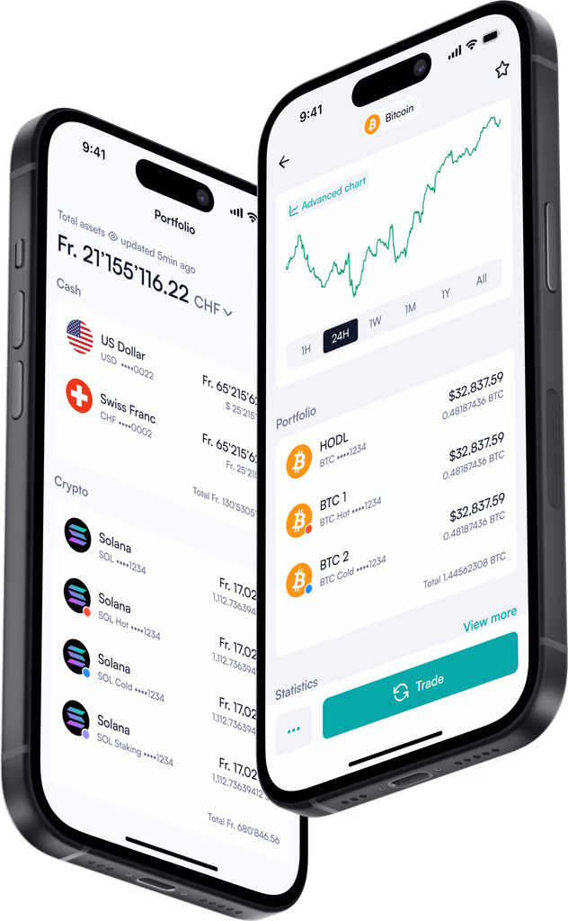 Portfolio and asset detail screens from the redesigned Amina Bank app