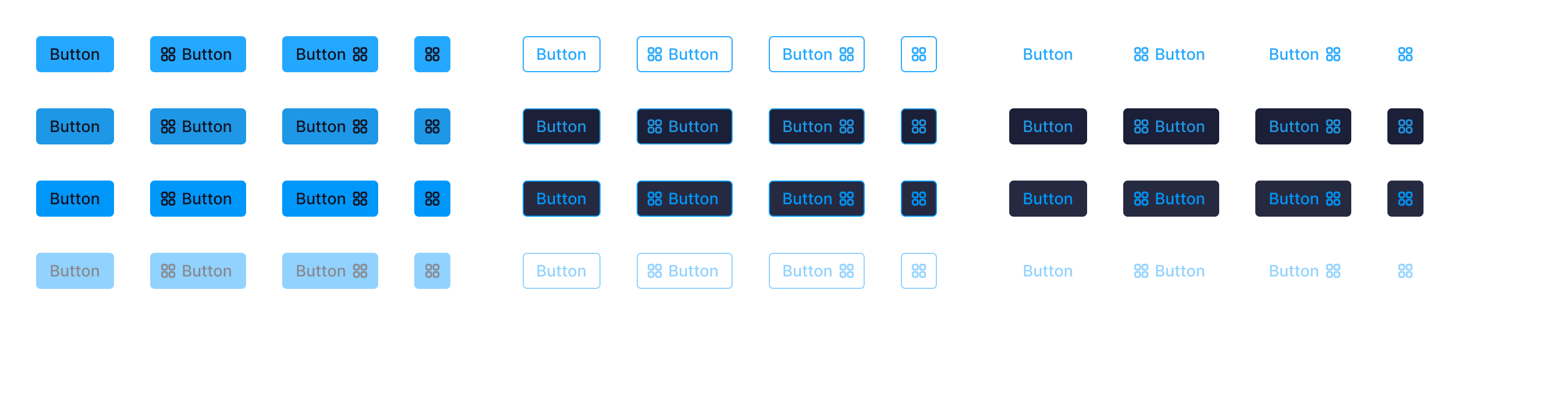 The button matrix, showing every variant and state in both light and dark