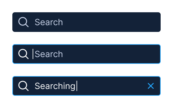 The search component in rest, focused and active states, the last with a clear action