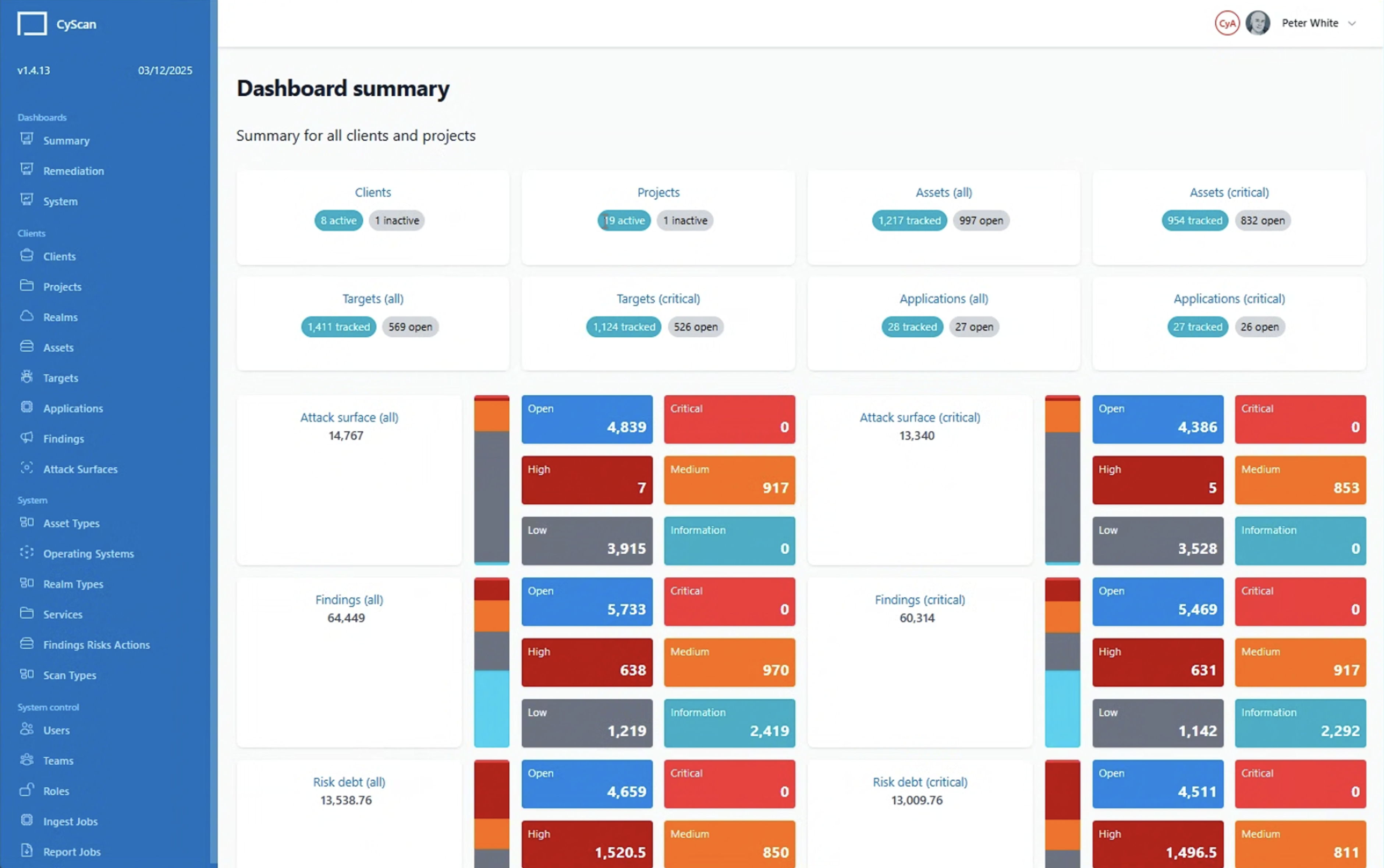 The shipped CyScan summary dashboard before the redesign, with every severity rendered as an identically sized filled tile
