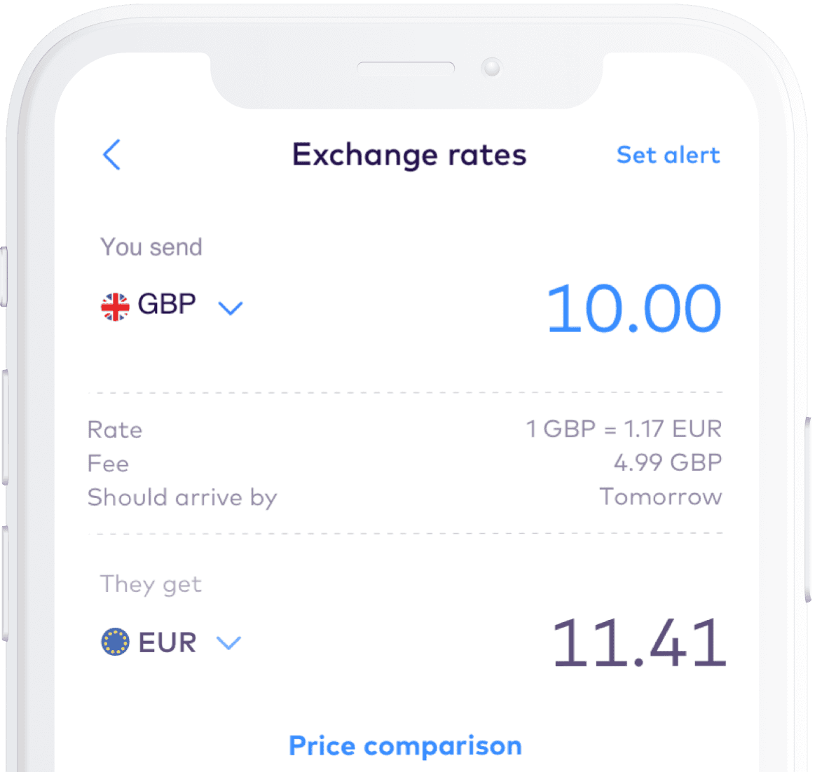 The set FX price alert sheet on a phone, showing GBP to RON with a rate dial set to 4.94